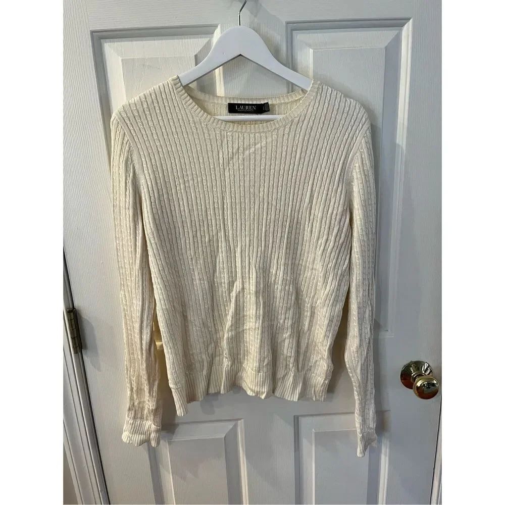 Lauren Ralph Lauren Black Label Cream Viscose Blend Cable Knit Sweater sz L EUC